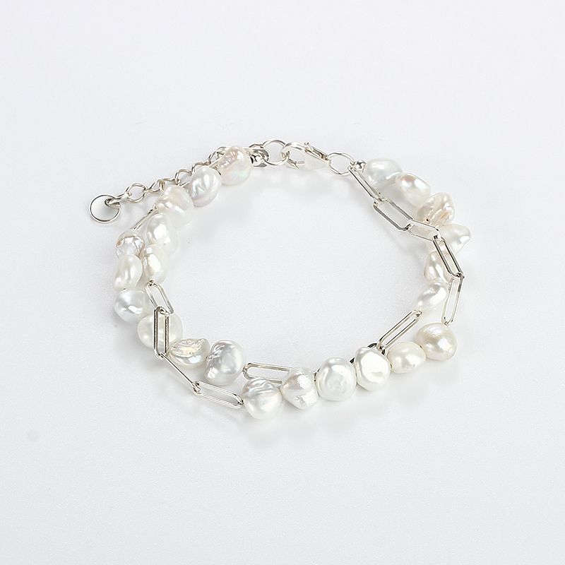 925 Sterling Silver Baroque Pearl Double Strand Silver Bracelet