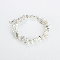 925 Sterling Silver Baroque Pearl Double Strand Silver Bracelet