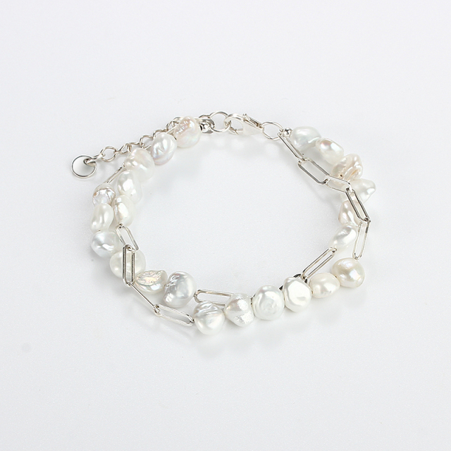 925 Sterling Silver Baroque Pearl Double Strand Silver Bracelet
