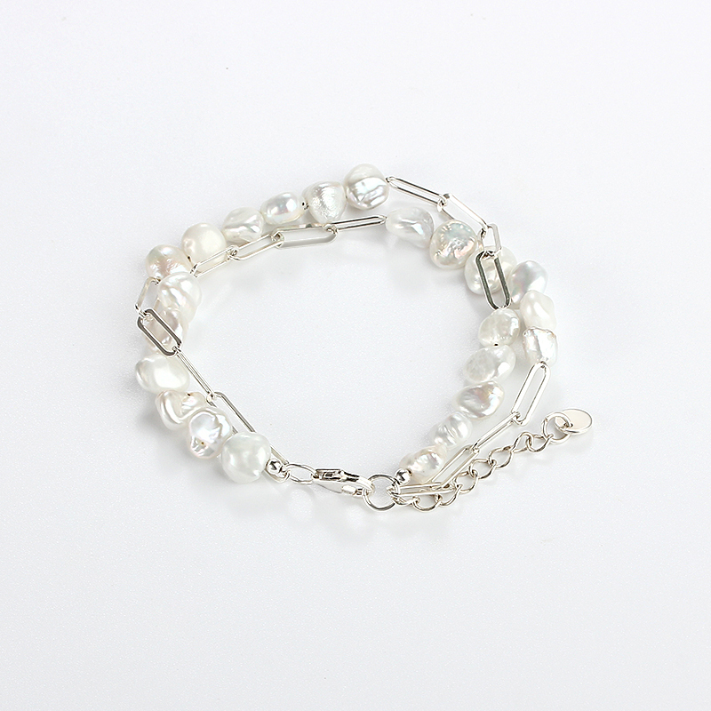925 Sterling Silver Baroque Pearl Double Strand Silver Bracelet