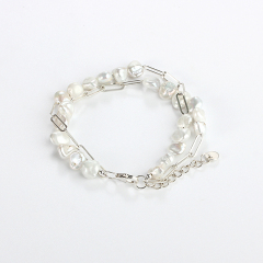 925 Sterling Silver Baroque Pearl Double Strand Silver Bracelet