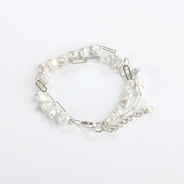 925 Sterling Silver Baroque Pearl Double Strand Silver Bracelet