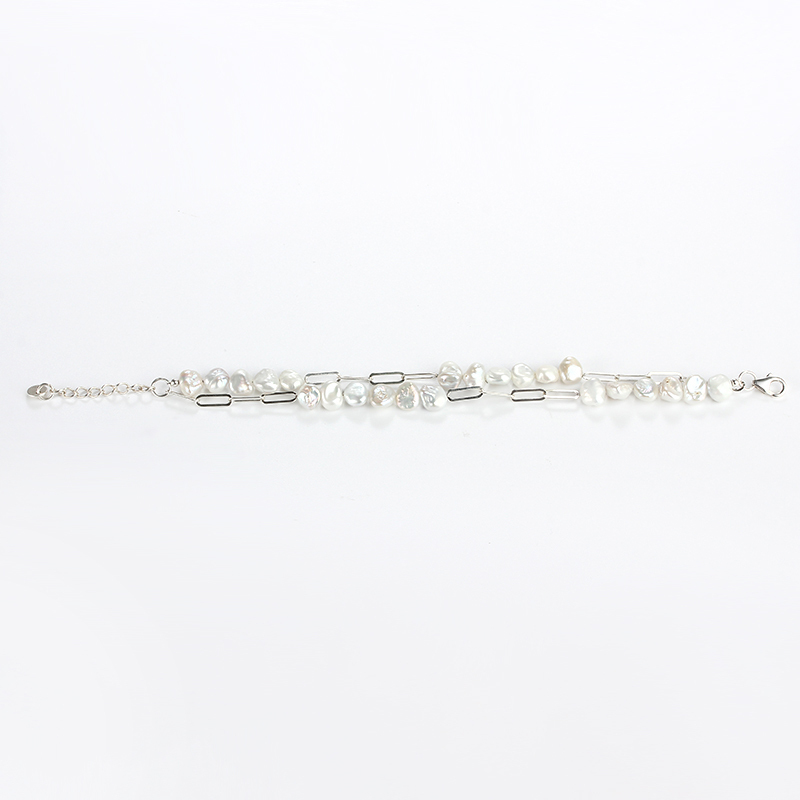 925 Sterling Silver Baroque Pearl Double Strand Silver Bracelet