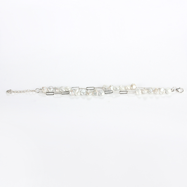 925 Sterling Silver Baroque Pearl Double Strand Silver Bracelet