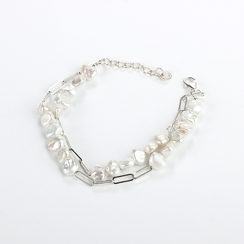 925 Sterling Silver Baroque Pearl Double Strand Silver Bracelet