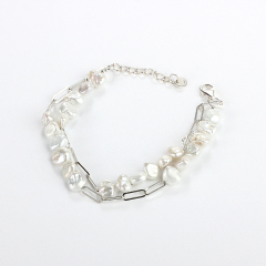925 Sterling Silver Baroque Pearl Double Strand Silver Bracelet