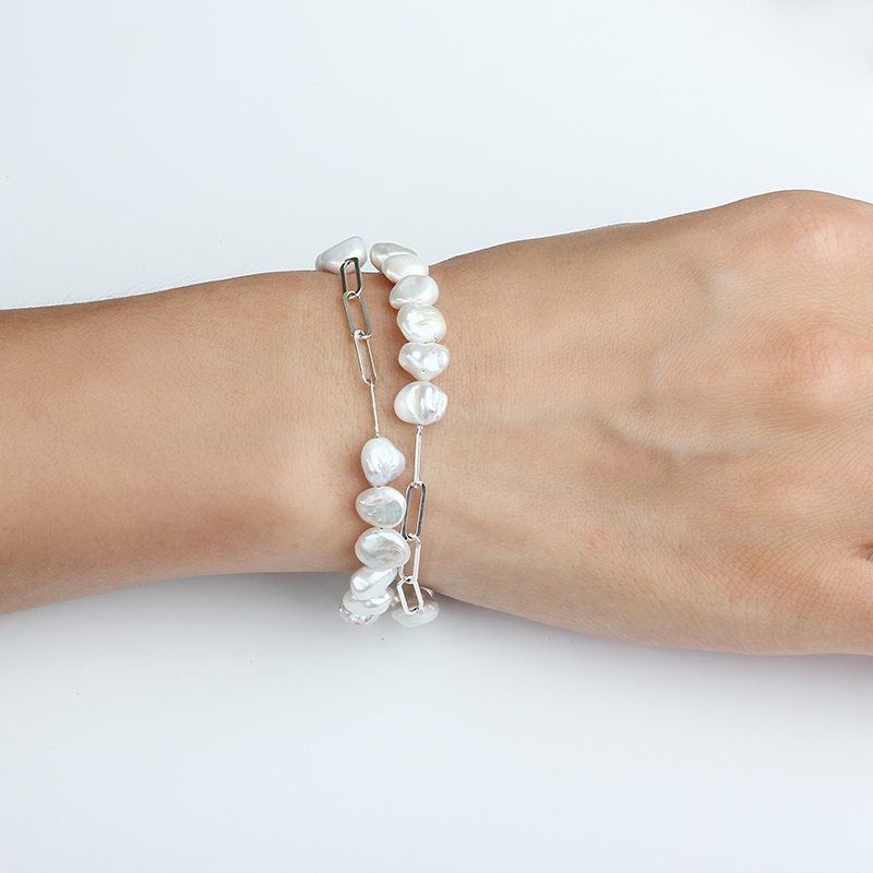 925 Sterling Silver Baroque Pearl Double Strand Silver Bracelet