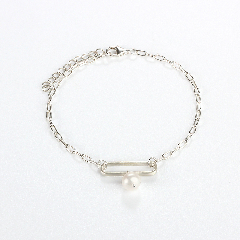 925 Sterling Silver Paperclip Chain Pearl Bracelet