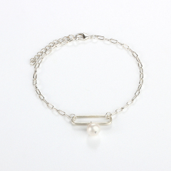 925 Sterling Silver Paperclip Chain Pearl Bracelet