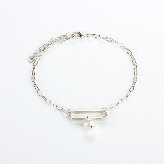 925 Sterling Silver Paperclip Chain Pearl Bracelet