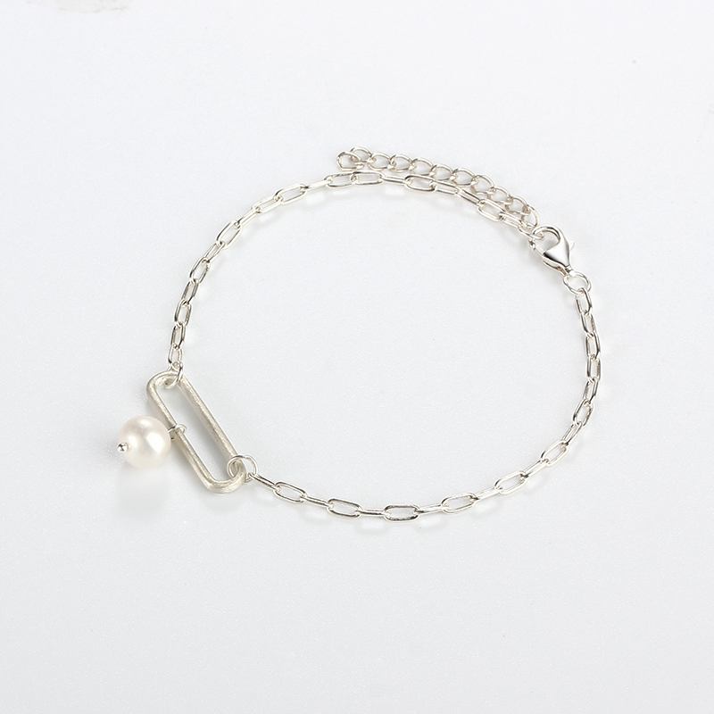 925 Sterling Silver Paperclip Chain Pearl Bracelet