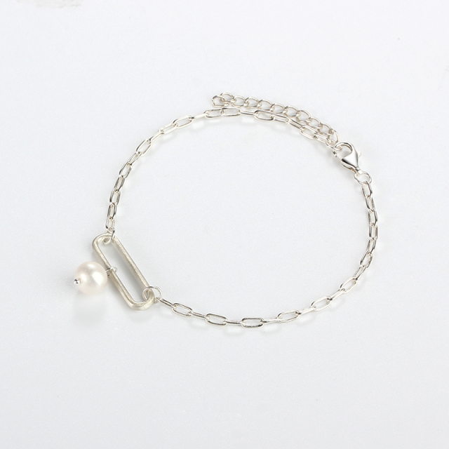 925 Sterling Silver Paperclip Chain Pearl Bracelet