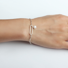 925 Sterling Silver Paperclip Chain Pearl Bracelet