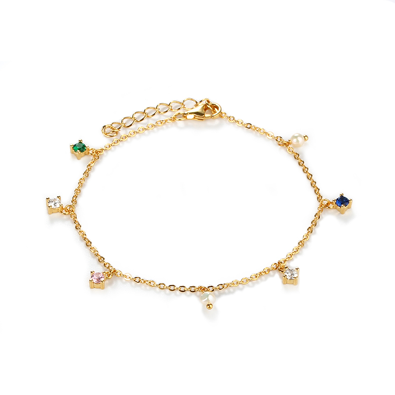 925 Sterling Silver Gold Multi-Color CZ Pearl Charm Bracelet