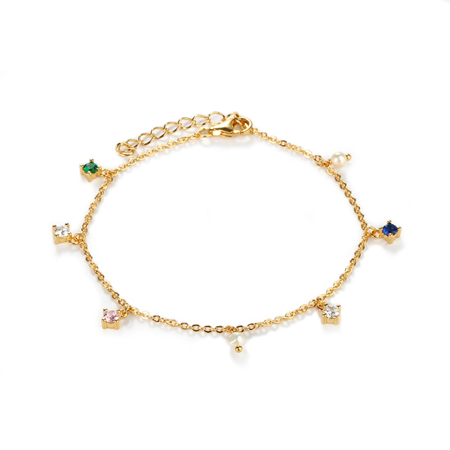 925 Sterling Silver Gold Multi-Color CZ Pearl Charm Bracelet