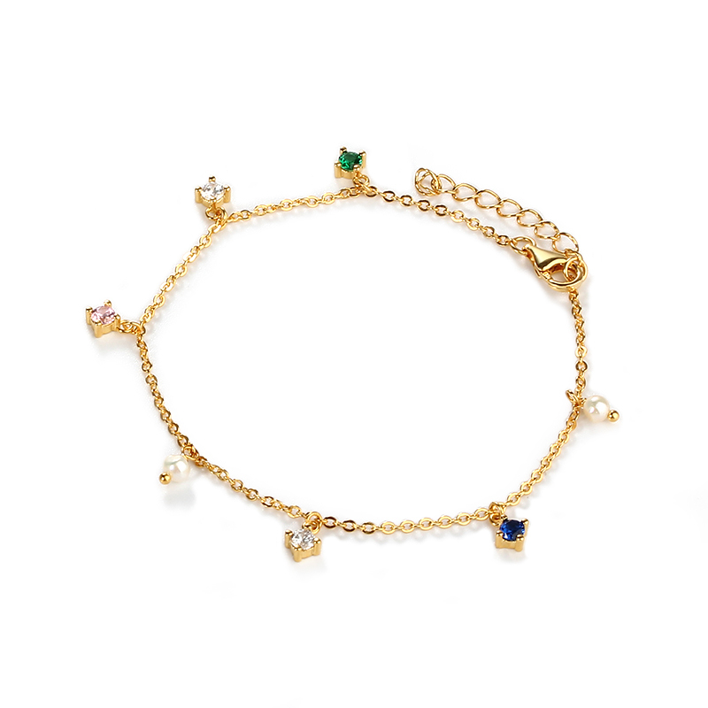 925 Sterling Silver Gold Multi-Color CZ Pearl Charm Bracelet