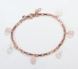 925 Sterling Silver Rose Gold Rose Quartz Pearl Charm Bracelet
