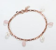 925 Sterling Silver Rose Gold Rose Quartz Pearl Charm Bracelet