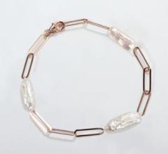 925 Sterling Silver Rose Gold Pearl Paperclip Bracelet