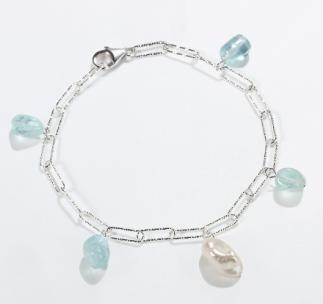 925 Sterling Silver Aquamarine & Pearl Paperclip Bracelet