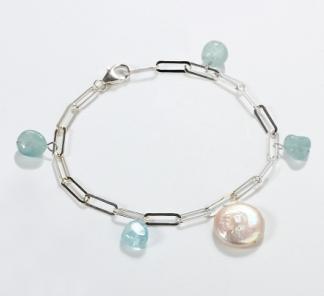 925 Sterling Silver Aquamarine & Coin Pearl Paperclip Bracelet