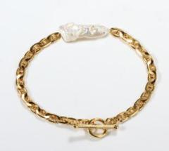 925 Sterling Silver Gold Plated Biwa Pearl Mariner Chain Toggle Bracelet