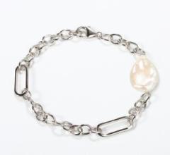 925 Sterling Silver Silver Mixed Chain Baroque Pearl Bracelet