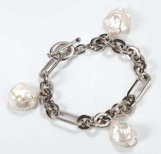 925 Sterling Silver Mixed Chain Baroque Pearl Toggle Bracelet