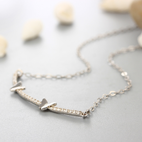 925 Sterling Silver CZ Stones Line Butterfly Necklaces