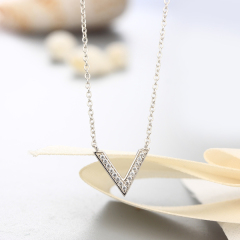 925 Sterling Silver Capital V Letter CZ Stones Necklaces
