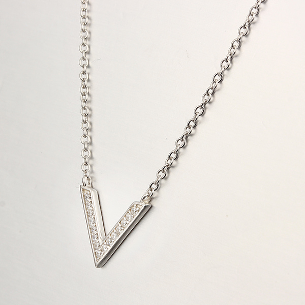 925 Sterling Silver Capital V Letter CZ Stones Necklaces