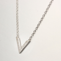 925 Sterling Silver Capital V Letter CZ Stones Necklaces