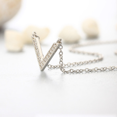 925 Sterling Silver Capital V Letter CZ Stones Necklaces
