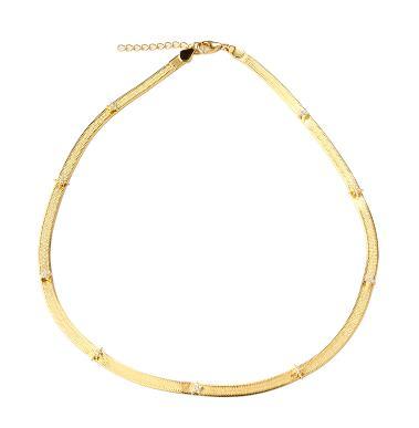925 Sterling Silver Gold Herringbone Choker Necklace with Crystal Accents and Adjustable Extender