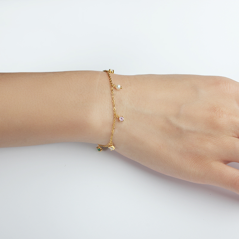 925 Sterling Silver Gold Multi-Color CZ Pearl Charm Bracelet