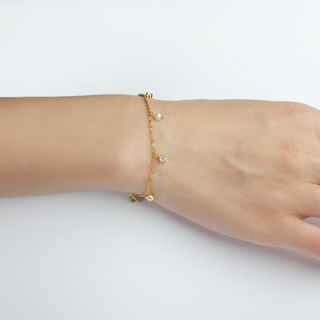 925 Sterling Silver Gold Multi-Color CZ Pearl Charm Bracelet