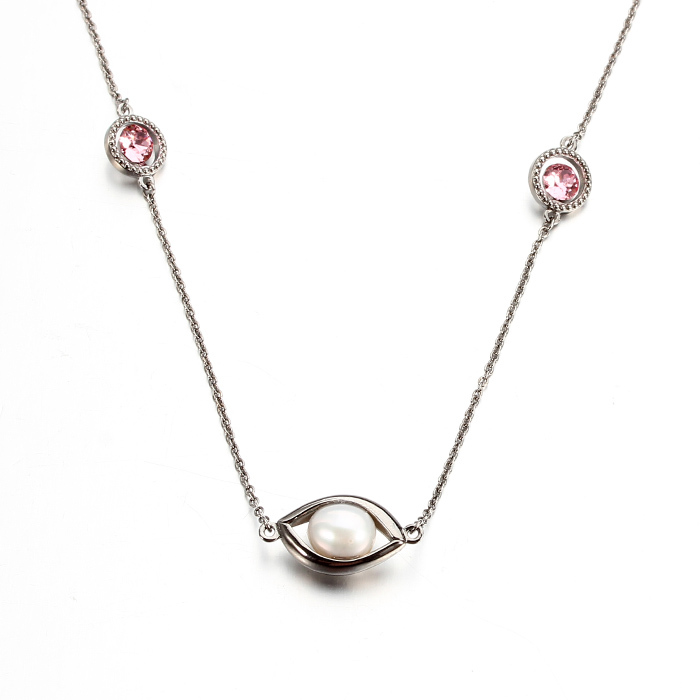Sterling Silver Crystal Rice Pearl Eye Necklace