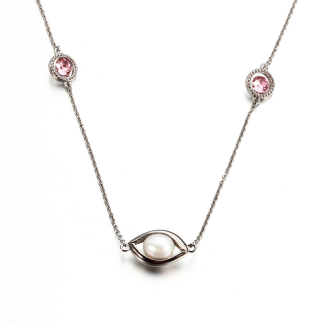Sterling Silver Crystal Rice Pearl Eye Necklace