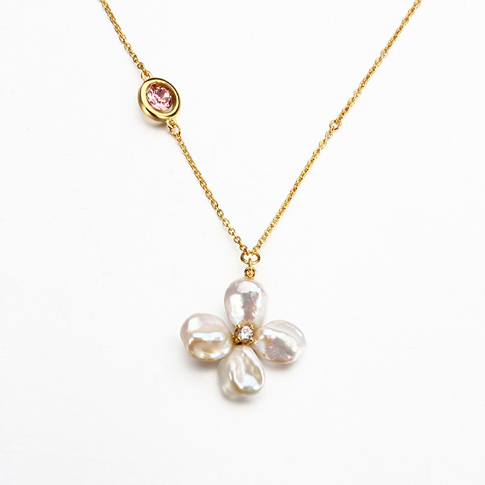 Sterling Silver Crysta Baroque Pearl Clover Necklace