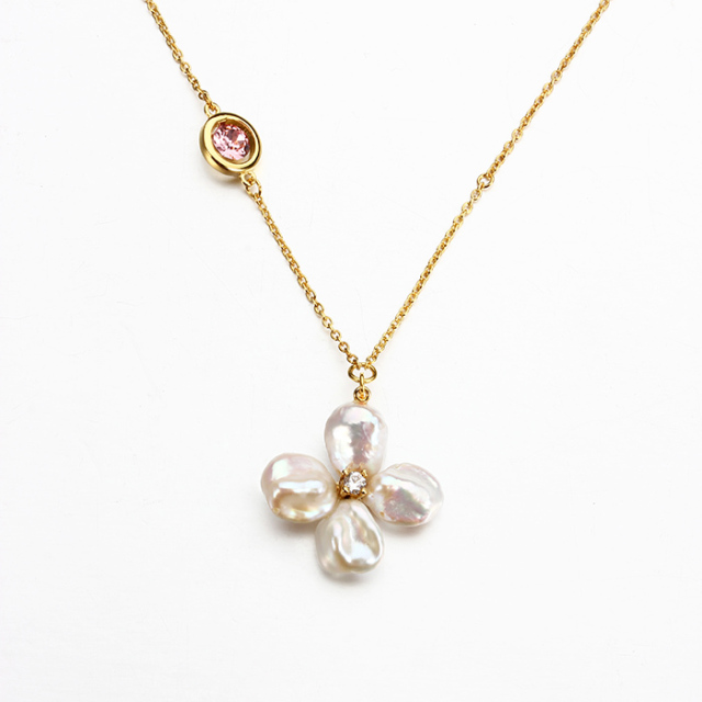 Sterling Silver Crysta Baroque Pearl Clover Necklace