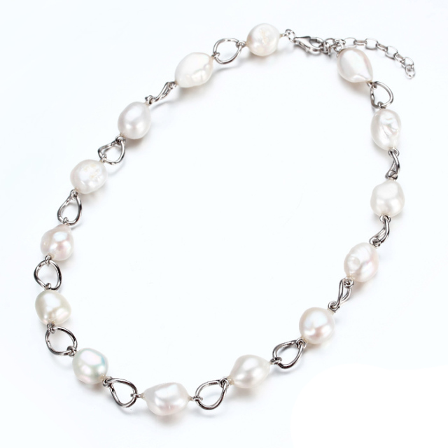Sterling Silver Baroque Pearls Link Necklace