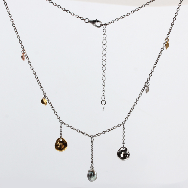 925 Sterling Silver Baroque Pearl  Leaf And Disc Necklace