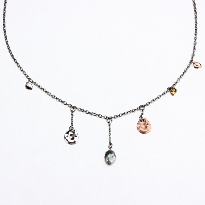 925 Sterling Silver Baroque Pearl  Leaf And Disc Necklace