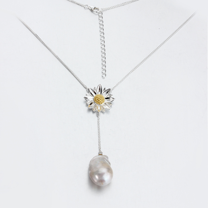 925 Silver Sunflower Baroque Pearl Lariat Jewelry Necklace