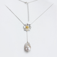 925 Silver Sunflower Baroque Pearl Lariat Jewelry Necklace