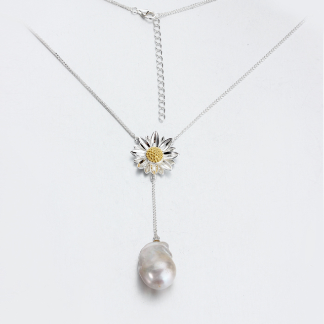 925 Silver Sunflower Baroque Pearl Lariat Jewelry Necklace
