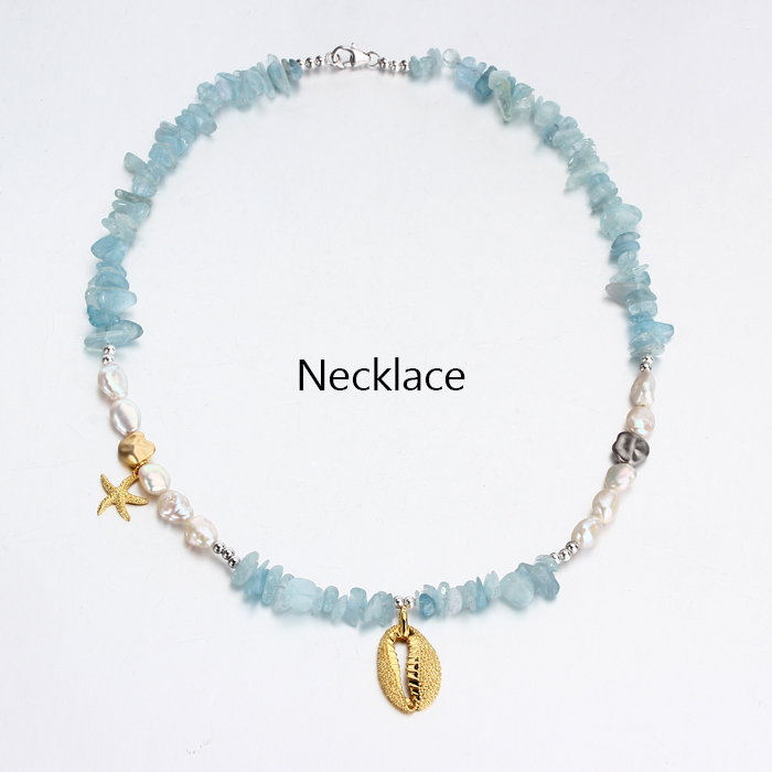 925 Sterling Silver Pearl And Aquamarine Necklace With Starfish And Shell Charm
