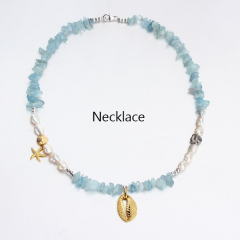 925 Sterling Silver Pearl And Aquamarine Necklace With Starfish And Shell Charm