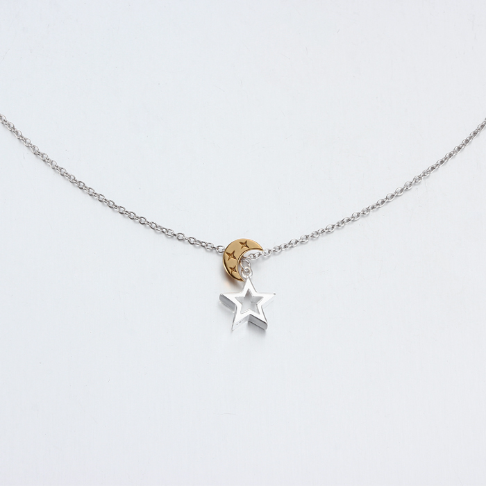 925 Sterling Silver Two Tone Color Moon And Star Necklaces