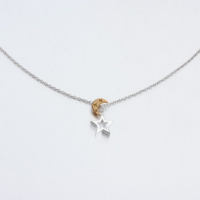 925 Sterling Silver Two Tone Color Moon And Star Necklaces